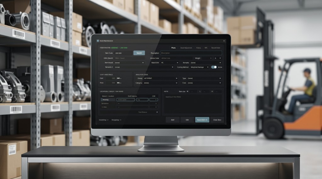 Computer monitor showing stock maintenance software in a warehouse office
