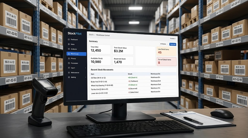 StockPilot warehouse operations — organised shelving, barcode scanner and inventory control